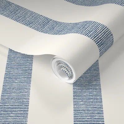 Spoonflower Pre-pasted Wallpaper Indigo Denim Blue And White Vertical Textured Stripe 2' X 12' Removable
