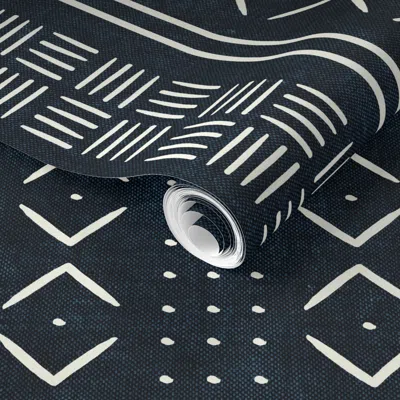 Spoonflower Pre-pasted Wallpaper Indigo Mud Cloth - Dots - Mudcloth Tribal - Lad19 2' X 12' Removable