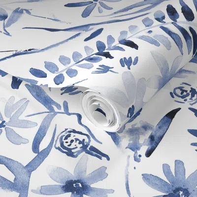 Spoonflower Pre-pasted Wallpaper Indigo Wildflowers Of Italian Riviera Watercolor Florals Meadow Bloom  Removabl In Blue
