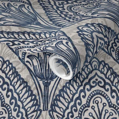 Spoonflower Pre-pasted Wallpaper Indonesian Bali Blockprint Indigo 2' X 12' Removable