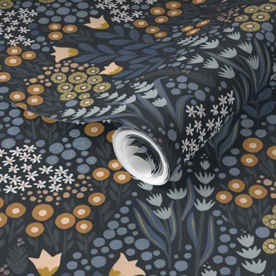 Spoonflower Pre-pasted Wallpaper Into The Weeds - Weeds Can Be Flowers Too - Midnight Garden - Mid Scale 2' X 12