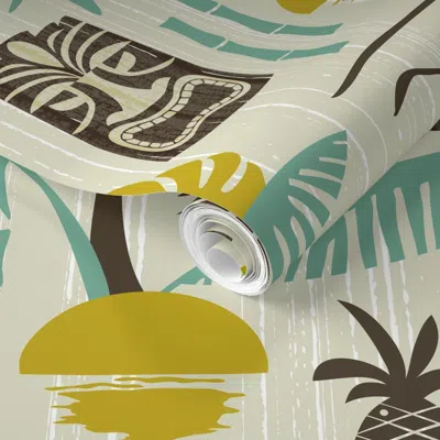 Spoonflower Pre-pasted Wallpaper Island Tiki Mid Century Modern Retro Tropical Hawaiian - Beige Olive (l) 2' X 1