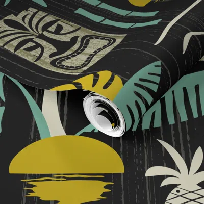 Spoonflower Pre-pasted Wallpaper Island Tiki Mid Century Modern Retro Tropical Hawaiian - Black Olive (l) 2' X 1 In Multi