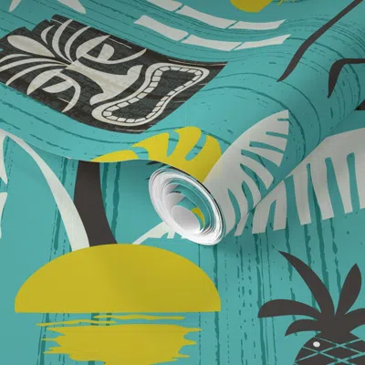 Spoonflower Pre-pasted Wallpaper Island Tiki Mid Century Modern Retro Tropical Hawaiian - Teal Olive (j) 2' X 12 In Multi