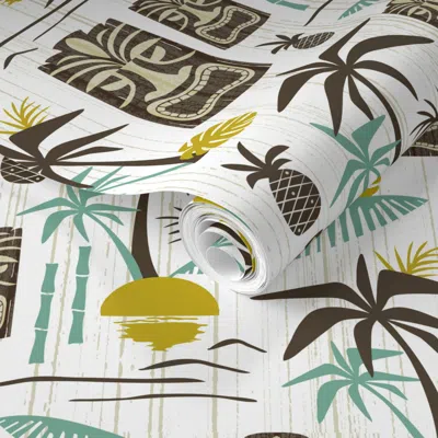 Spoonflower Pre-pasted Wallpaper Island Tiki Mid Century Modern Retro Tropical Hawaiian - White Olive (l) 2' X 1 In Multi
