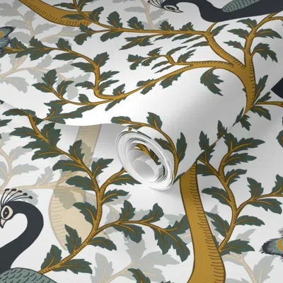 Spoonflower Pre-pasted Wallpaper Italian Fresco - Chinoiserie Peacocks -basil Green On Pure White  Removable