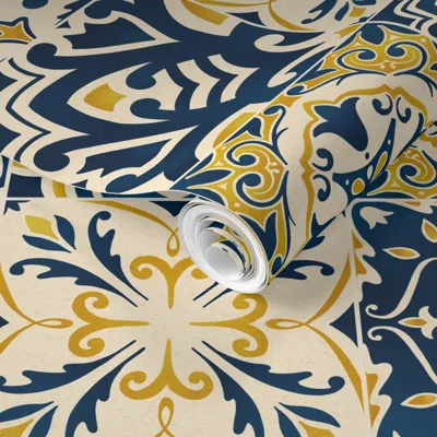 Spoonflower Pre-pasted Wallpaper Italian Tiles Or Cheater Quilt Mediterranean Azulejos 24 Inch Repeat 2' X 12' R