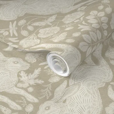 Spoonflower Pre-pasted Wallpaper Ivory Rabbit On Linen Medium Scale 2' X 12' Removable
