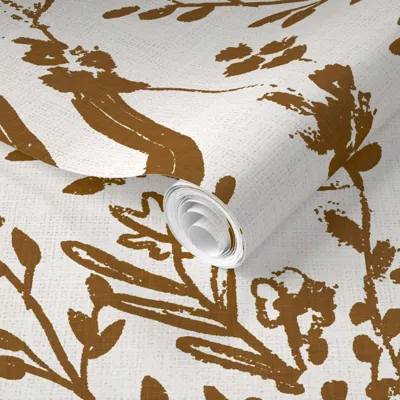 Spoonflower Pre-pasted Wallpaper Izzy Ochre Wildflower  Removable