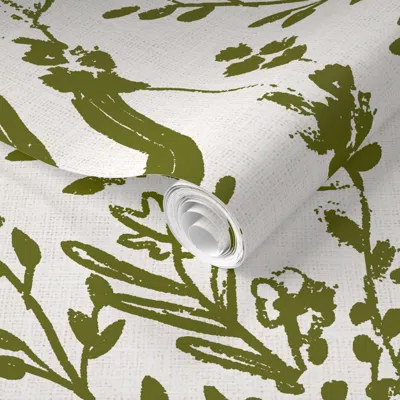 Spoonflower Pre-pasted Wallpaper Izzy Olive Wildflower 2' X 12' Removable