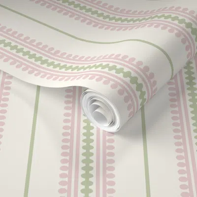 Spoonflower Pre-pasted Wallpaper Jackie Pink Green Beaded Classic Traditional Stripe 2' X 12' Removable
