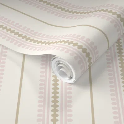 Spoonflower Pre-pasted Wallpaper Jackie Pink Tan Beaded Classic Traditional Stripe  Removable In Multi