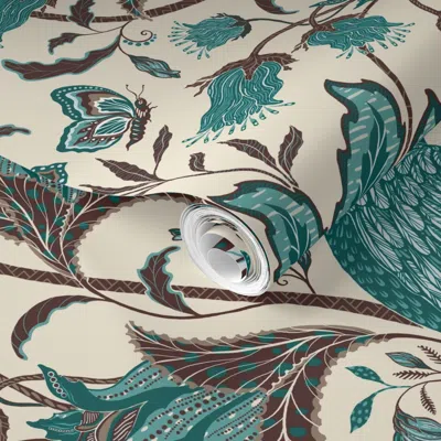 Spoonflower Pre-pasted Wallpaper Jacobean Peacock Garden À La East Fork 2' X 12' Removable