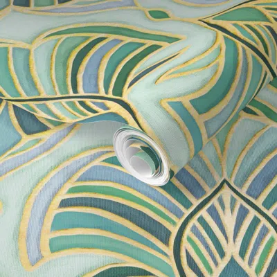 Spoonflower Pre-pasted Wallpaper Jade Enamel Art Deco Fans 2' X 12' Removable