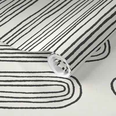 Spoonflower Pre-pasted Wallpaper Japandi Concentric Lines In Black On Light Cream Linen Wabi Sabi 2' X 12' Remov