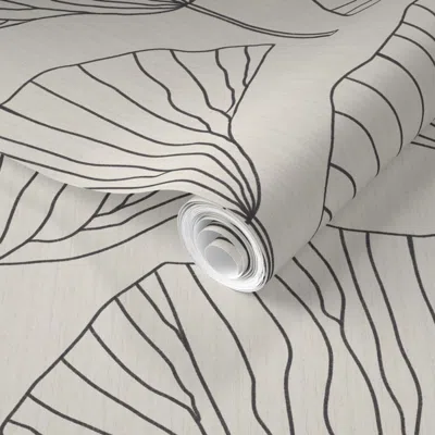 Spoonflower Pre-pasted Wallpaper Japandi Farmhouse Art Deco Abstract Ginkgo Leaf Monochrome Black And White 2' X