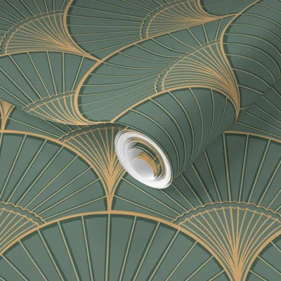 Spoonflower Pre-pasted Wallpaper Japandi Style Feather Fan In Sage Green And Gold 2' X 12' Removable