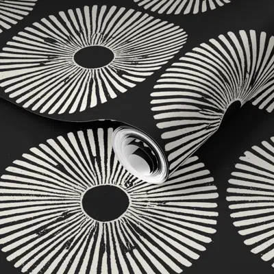 Spoonflower Pre-pasted Wallpaper Japanese Inspired Sun Furoshiki - Offwhite On Black - Custom 2' X 12' Removable