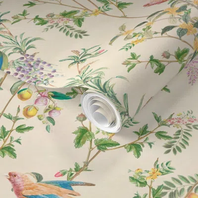 Spoonflower Pre-pasted Wallpaper Jenn - Floral Garden Climbing Vines & Chinoiserie Birds -cream 2' X 12' Removab