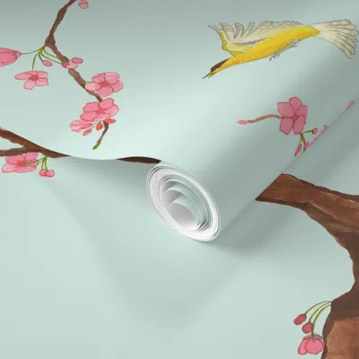 Spoonflower Pre-pasted Wallpaper Jenny Cherry Blossoms On Mint 2' X 12' Removable