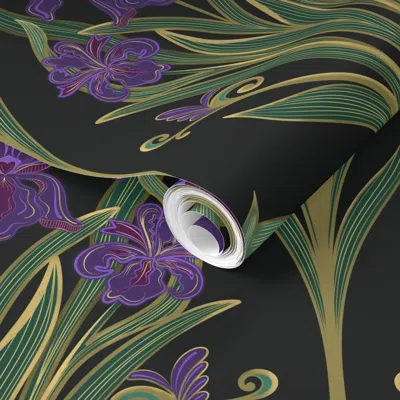 Spoonflower Pre-pasted Wallpaper Jewel Tone Art Nouveau Irises With Gold Highlights - 12 In. Repeat 2' X 12' Rem