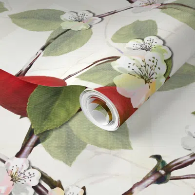 Spoonflower Pre-pasted Wallpaper Juicy Red Apples Summer Fruits Vintage Kitchen Floral Trellis Orchard Trees 2' 