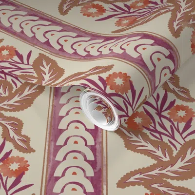 Spoonflower Pre-pasted Wallpaper Juliette Abstract Arches Stripes Flowers & Leaves In Magenta Red & Brown 2' X 1