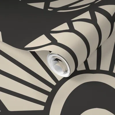 Spoonflower Pre-pasted Wallpaper Jumbo Art Deco Fan Crane In Flight - Charcoal Warm Beige 2' X 12' Removable