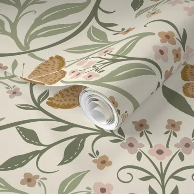 SPOONFLOWER PRE-PASTED WALLPAPER JUMBO ENCHANTED GARDEN DAMASK - WHIMSICAL FLORAL - MUTED NEUTRAL BEIGE 24" 2' X