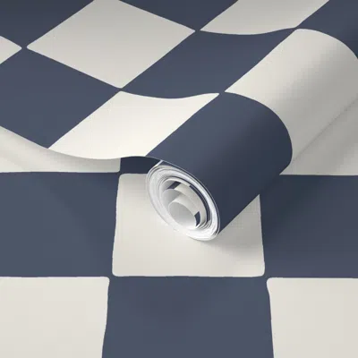 Spoonflower Pre-pasted Wallpaper Jumbo - Hand Drawn Checker Checkerboard - Muted Indigo Blue - Boys Room 2' X 12