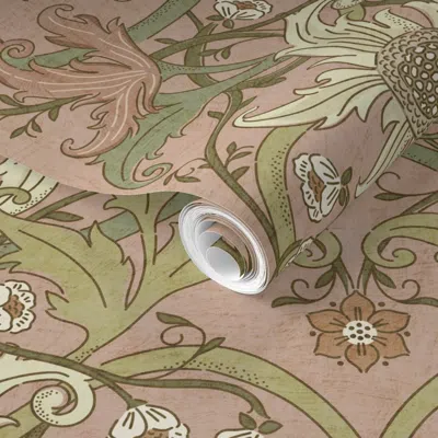 Spoonflower Pre-pasted Wallpaper Jumbo Heritage Sunflower Meadow - Dusty Pink Green Beige - 24" Cw1 2' X 12' Rem