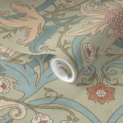 Spoonflower Pre-pasted Wallpaper Jumbo Heritage Sunflower Meadow - Green Blue Beige - Historic - 24" Cw3 2' X 12 In Multi