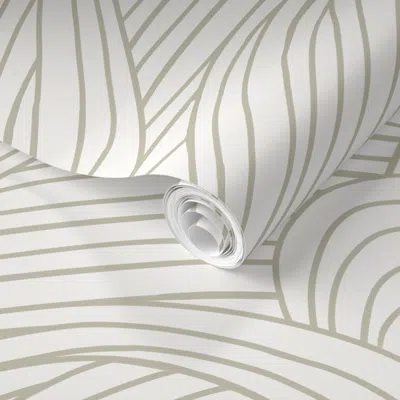 Spoonflower Pre-pasted Wallpaper Jumbo - Japandi Ocean Waves In Off White And Sage Green 2' X 12' Removable In Neutral