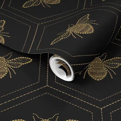 Spoonflower Pre-pasted Wallpaper Jumbo Large Gold Queen Bee Passementerie 2' X 12' Removable In Black