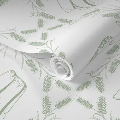 Spoonflower Pre-pasted Wallpaper Jumbo Toile Grandma S Kitchen Homemade Bread Sage Green 2' X 12' Removable