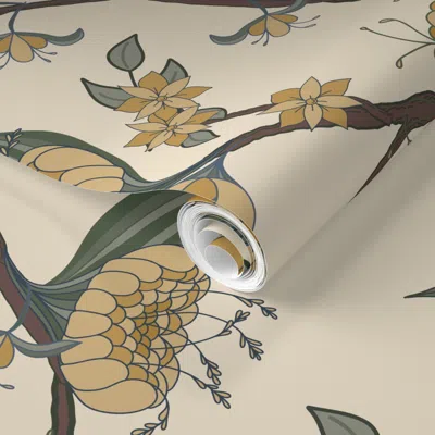Spoonflower Pre-pasted Wallpaper Jumbo Vintage Stylized Flowers In Yellow Ochre On Beige Of Trailing Vines 2' X 