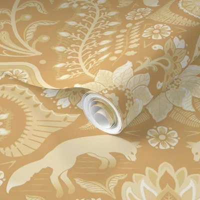 Spoonflower Pre-pasted Wallpaper Jumping Foxes Maximalist Folk Floral Damask Classic Flax Soft Monochrome  Remov In Neutral