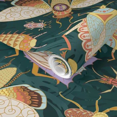 Spoonflower Pre-pasted Wallpaper Jungle Bugs Exotica - Teal Blue Kids Boys Insect Design Whimsical Insects 2' X 