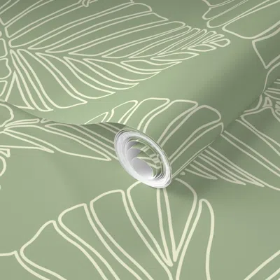 Spoonflower Pre-pasted Wallpaper Kalo Leaves Beige On Sage 2' X 12' Removable In Green
