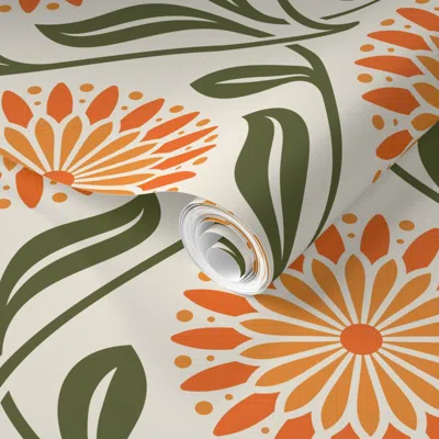 Spoonflower Pre-pasted Wallpaper Kf 0427 B - Large 12" - Vintage Retro Dahlia 70s Modern Art Deco Floral 2' X 12