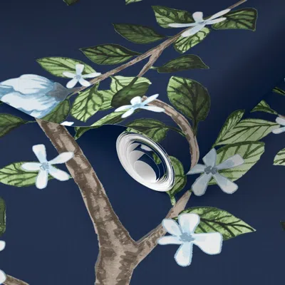 Spoonflower Pre-pasted Wallpaper Kg Custon Navy Eloise With Lemons No Bugs Copy 2 2' X 12' Removable