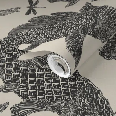 Spoonflower Pre-pasted Wallpaper Koi Block Print On Warm Linen 2' X 12' Removable