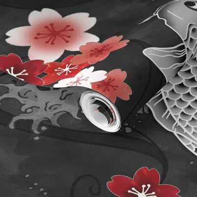 Spoonflower Pre-pasted Wallpaper Koi Sakura Blossom In Black - Tiny 2' X 12' Removable