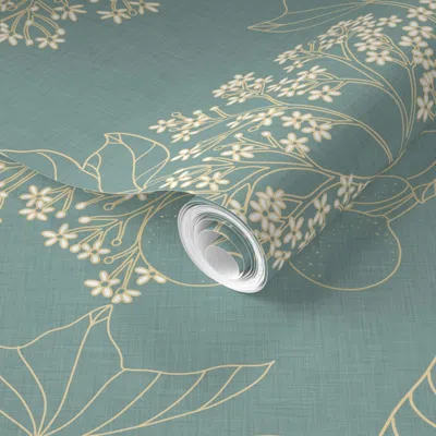 Spoonflower Pre-pasted Wallpaper Kukui Nut Tree Beige Outline On Powder Blue Linen 2' X 12' Removable