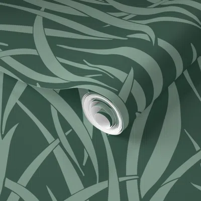 Spoonflower Pre-pasted Wallpaper L - Abstract Grass Blades Flowing Botanical. Dark Green And Sage Green 2' X 12'