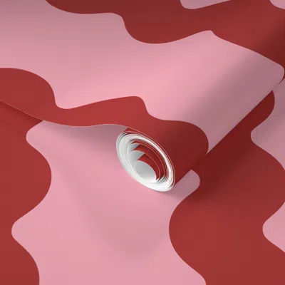 Spoonflower Pre-pasted Wallpaper L Big Squiggle Mod Groovy Stripes Mid Century Modern Pink & Maroon 2' X 12' Rem