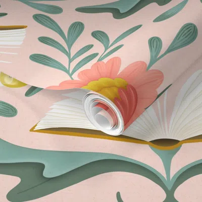 Spoonflower Pre-pasted Wallpaper (l) Books Disguised As Flowers Maximalist Folk Art Book Library Pink Teal 2' X 