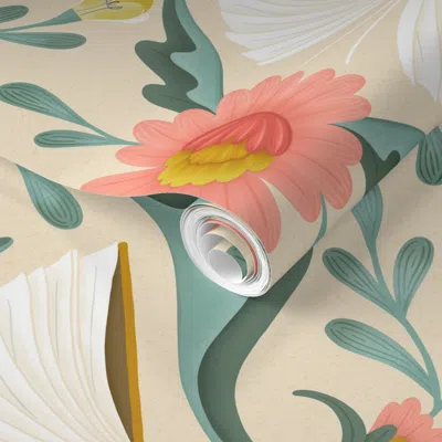 Spoonflower Pre-pasted Wallpaper (l) Books Disguised As Flowers Maximalist Folk Art Book Library Pink Teal 2' X 