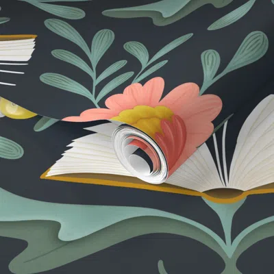 Spoonflower Pre-pasted Wallpaper (l) Books Disguised As Flowers Maximalist Folk Art Book Library Pink Teal 2' X 