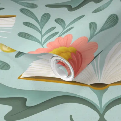 Spoonflower Pre-pasted Wallpaper (l) Books Disguised As Flowers Maximalist Folk Art Book Library Pink Teal 2' X 